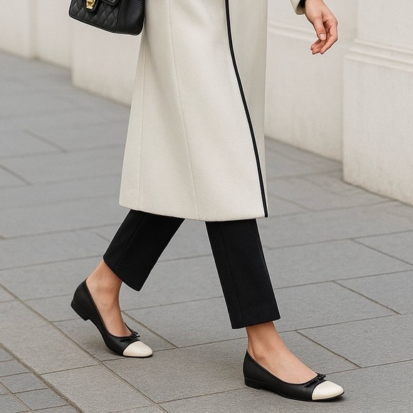 Quince Italian Leather Cap-Toe Ballet Flats Black & White | Sz 7 | New With Box - Picture 3 of 11